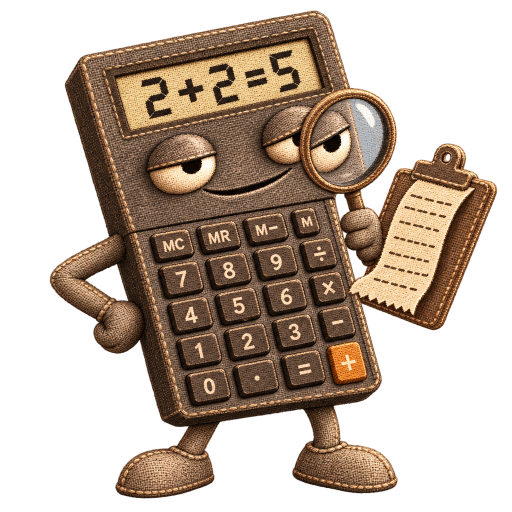 The calculator mascot examining a clipboard through a magnifying glass