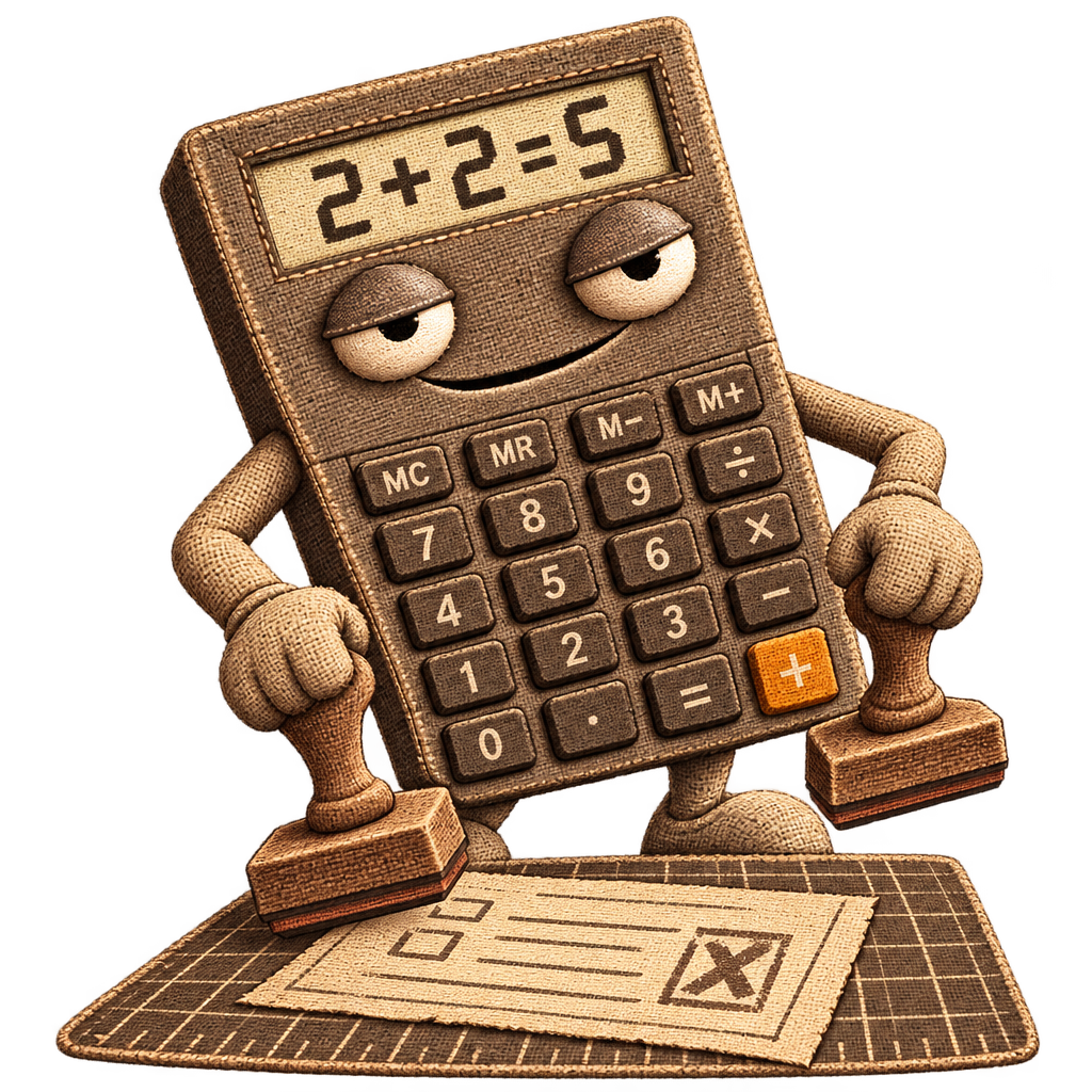 The calculator mascot stamping a ticket with two rubber stamps