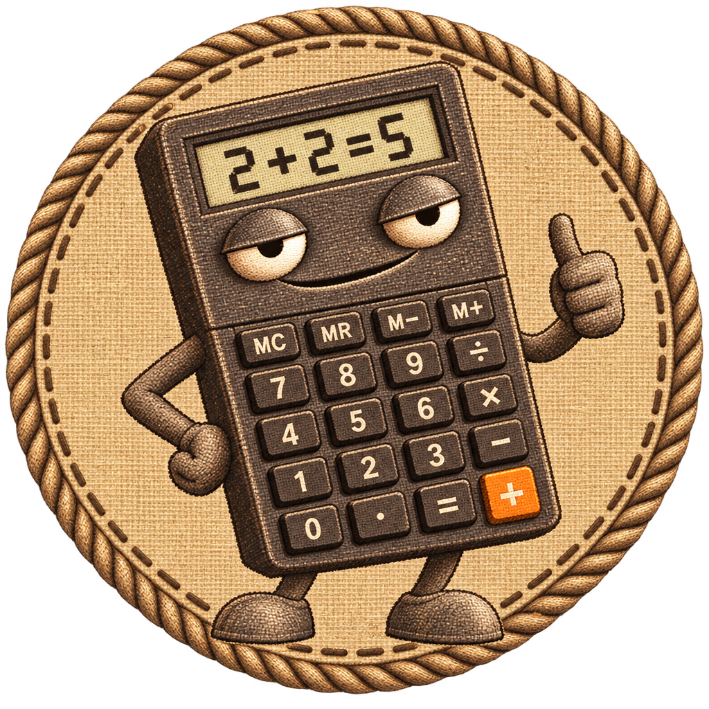 Stitched oval farm-brand badge containing the calculator mascot, framed with a rope-twist border
