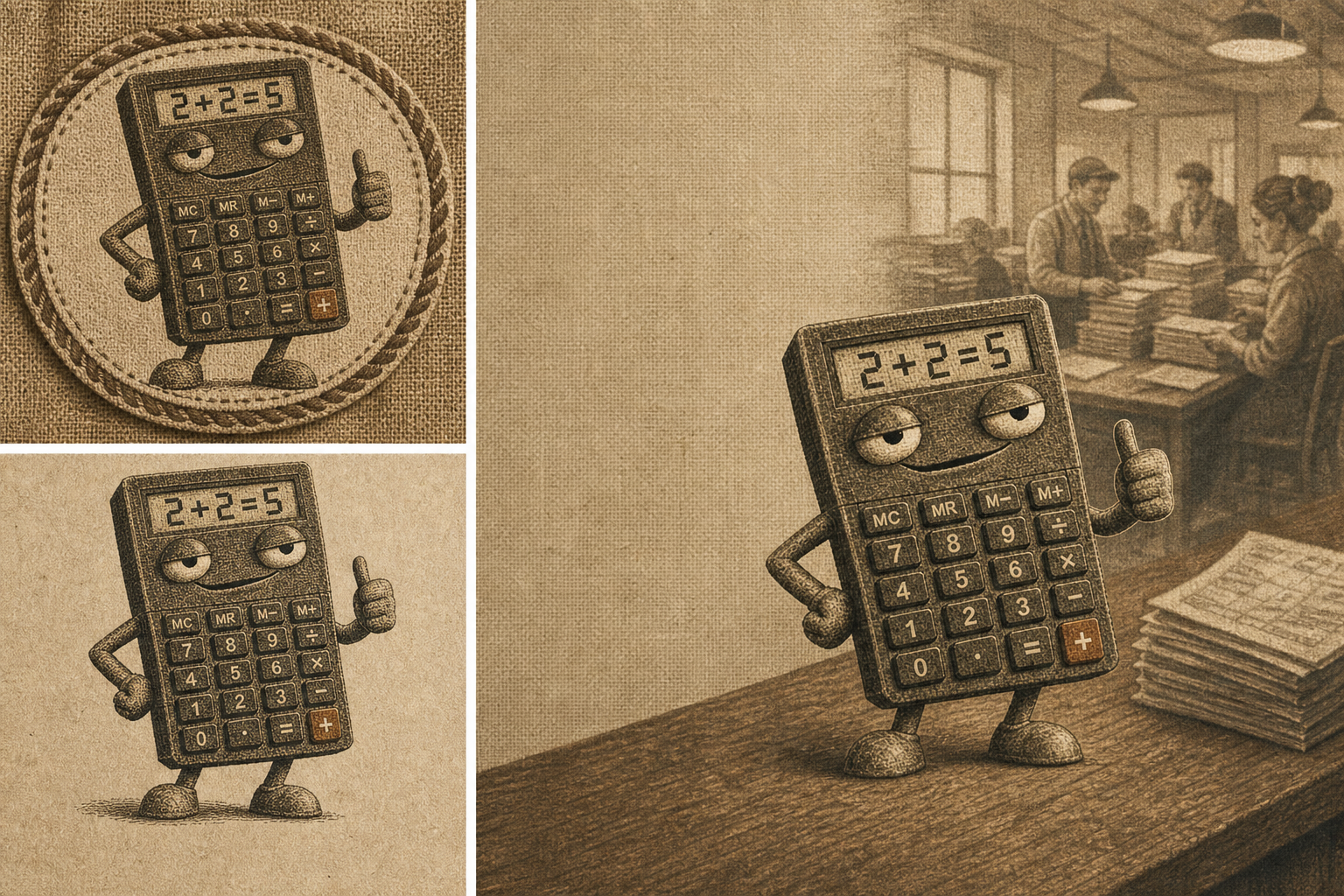 Three-panel scene of the badge, the calculator on a plain ground, and the calculator standing on a desk in a busy sepia office